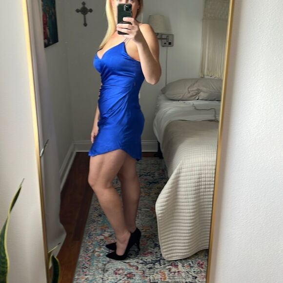 Bardot Dress Womens Large Blue Spaghetti Strap Asymmetric Hem Minidress - Picture 3 of 8